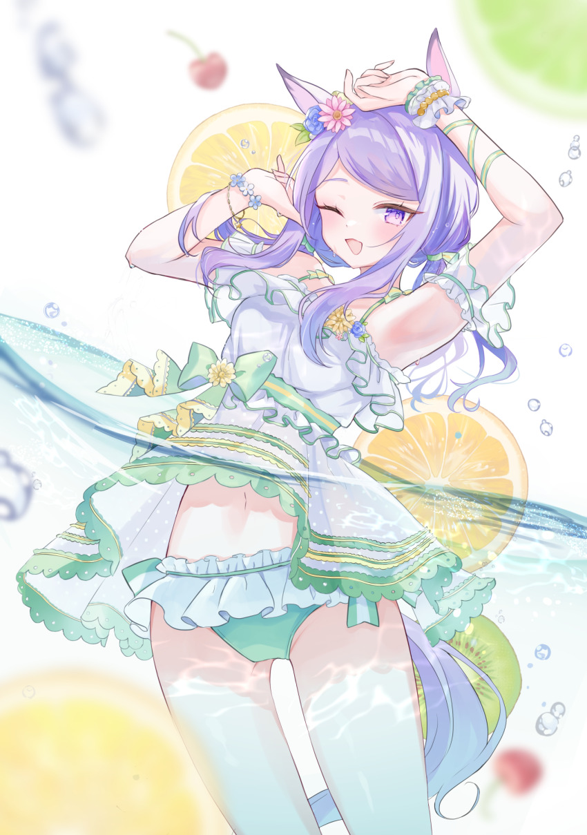 1girl animal_ears armpits arms_up bikini blush bow cherry commentary_request ear_flower ear_ribbon ear_wreath flower food fruit green_bikini hair_flower hair_ornament highres horse_ears horse_girl horse_tail lemon lemon_slice long_hair mejiro_mcqueen_(ripple_fairlady)_(umamusume) mejiro_mcqueen_(umamusume) moko_(mokochisa) navel official_alternate_costume official_alternate_hairstyle one_eye_closed open_mouth purple_eyes purple_hair solo swimsuit tail umamusume water white_background