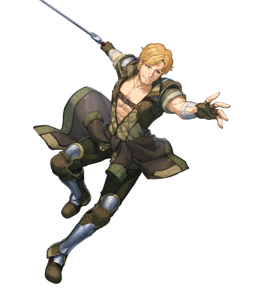 1boy abs attack bandaged_arm bandages blonde_hair brown_gloves dai-xt fingerless_gloves fire_emblem fire_emblem_echoes:_shadows_of_valentia fire_emblem_heroes gloves highres holding holding_sword holding_weapon jesse_(fire_emblem) male_focus nintendo non-web_source official_art parted_bangs pectoral_cleavage pectorals shoulder_pads smile solo sword wavy_hair weapon