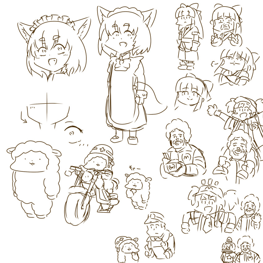 3girls 4boys ainu_clothes carrying character_request constricted_pupils crossed_arms expressionless fingerless_gloves gloves hair_ribbon highres imadake_dabuchi_tabemi legs long_hair looking_at_viewer mcdonald&#039;s monochrome motor_vehicle motorcycle multiple_boys multiple_expressions multiple_girls nakoruru open_mouth pants piggyback police police_uniform ribbon ronald_mcdonald samurai_spirits scared sheep short_hair sketch smug snk the_king_of_fighters thighs twintails wide-eyed