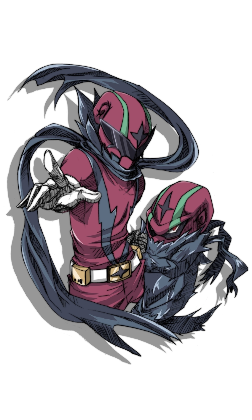 1boy aaa-ryo accelgor belt biker_(pokemon) black_scarf commentary_request creatures_(company) crossed_arms game_freak gen_5_pokemon gloves helmet highres nintendo outstretched_arm pokemon pokemon_(anime) pokemon_(creature) pokemon_bw_(anime) red_eyes scarf shadow simple_background superhero_costume white_background white_belt white_gloves