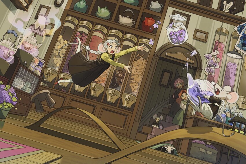 6+girls animal animal_ears apron black_dress black_hat braid braided_ponytail carol_cao ceiling_light chair clothed_animal commentary desk dress dropped_object falling flower glass_teapot hashtag-only_commentary hat hiding highres holding holding_teapot indoors jar jumping lamp long_hair long_sidelocks looking_at_another looking_to_the_side magic maid_apron mouse_(animal) mouse_ears mouse_girl mouse_tail multiple_girls mushroom open_mouth orange_hair original pantyhose pink_hair purple_flower red_shoes rug shirt shoes spilling stairs standing steam stool tail teabag teapot teeth upper_teeth_only very_long_sidelocks white_hair white_pantyhose witch_hat wooden_floor yellow_shirt