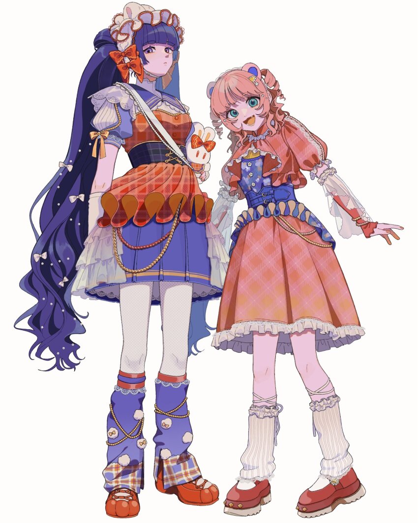 2girls animal_ears closed_mouth commission dress fang frilled_dress frilled_hairband frills full_body green_eyes hairband highres katai_keno leg_warmers long_hair looking_at_viewer loose_socks multiple_girls original pink_hair purple_eyes purple_hair red_shoes shoes simple_background skeb_commission socks standing stuffed_animal stuffed_rabbit stuffed_toy teeth thighhighs very_long_hair white_background white_thighhighs