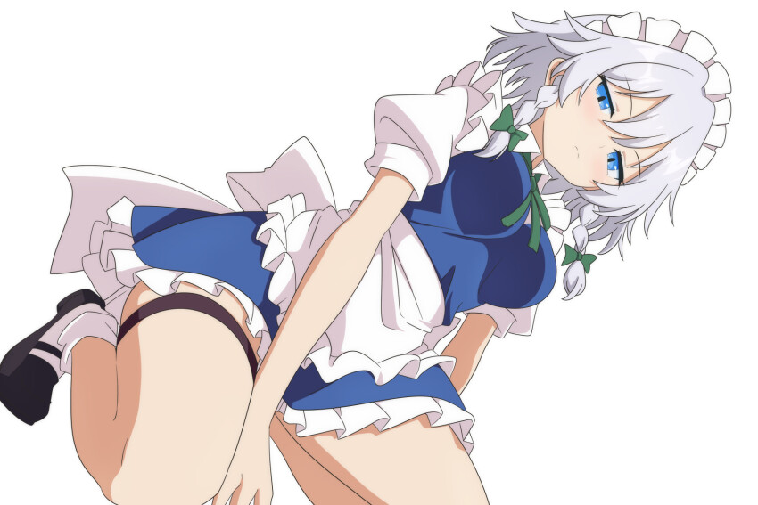 1girl apron black_shoes blue_dress blue_eyes braid cato_(monocatienus) closed_mouth commentary_request dress expressionless frills hair_between_eyes highres izayoi_sakuya legs looking_at_viewer maid maid_apron maid_headdress shirt shoes short_sleeves socks solo squatting thigh_strap thighs touhou twin_braids white_background white_hair white_shirt white_socks