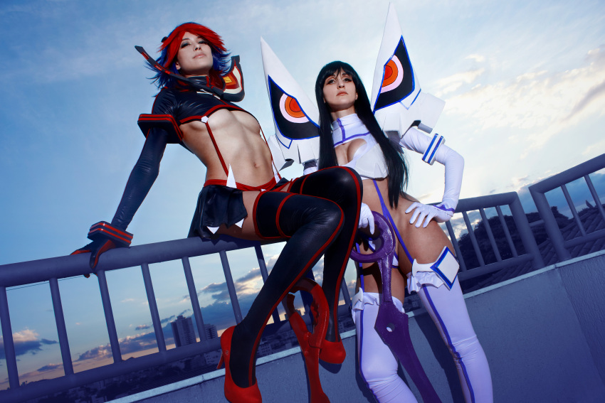 2girls absurdres black_hair boots brazilian_(nationality) cosplay gloves high_heel_boots high_heels highres kill_la_kill kiryuuin_satsuki leotard long_hair matoi_ryuuko multicolored_hair multiple_girls navel on_rooftop photo_(medium) real_life revealing_clothes sitting space_lesbians sword thighhighs thong_leotard weapon