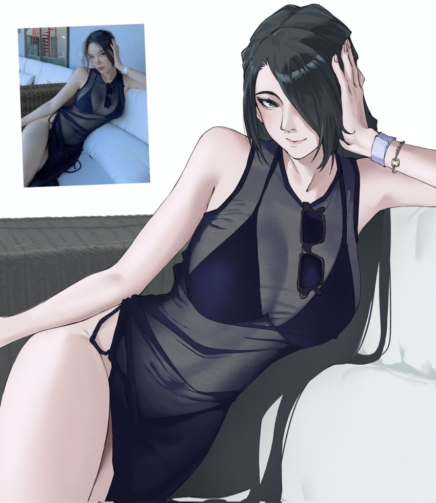 1girl azuma_fubuki breasts cleavage covered_navel dress grey_hair highres large_breasts legs looking_at_viewer mato_seihei_no_slave one_eye_covered reference_inset saikiseiya see-through_clothes see-through_dress simple_background sunglasses swept_bangs thighs unworn_eyewear white_background