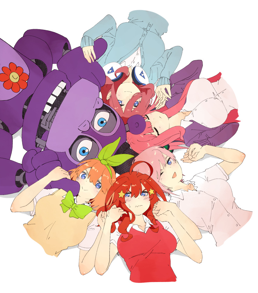 1boy 5girls animatronic archives.gokulism blue_eyes bow five_nights_at_freddy&#039;s freddy_fazbear&#039;s_pizzeria_simulator go-toubun_no_hanayome hat headphones headphones_around_neck highres joints mr._hippo multiple_girls nakano_ichika nakano_itsuki nakano_miku nakano_nino nakano_yotsuba parody red_hair robot robot_joints short_hair white_background