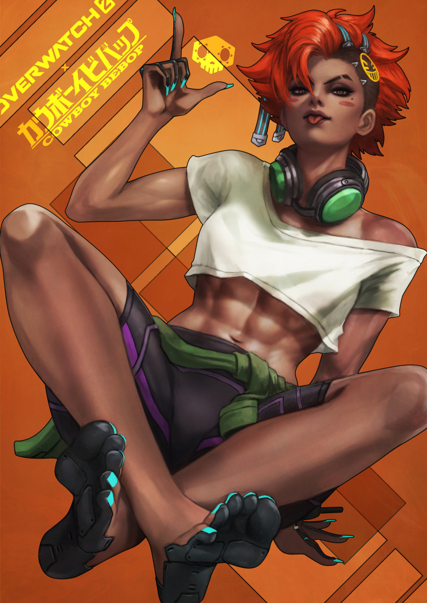 1girl abs absurdres aqua_nails barefoot bike_shorts black_shorts blush_stickers breasts brown_eyes clothes_around_waist commentary copyright_name cosplay cowboy_bebop crop_top cyborg dark-skinned_female dark_skin edward_wong_hau_pepelu_tivrusky_iv edward_wong_hau_pepelu_tivrusky_iv_(cosplay) english_commentary eyebrow_cut finger_gun fingernails full_body glowing_nails goggles goggles_around_neck green-tinted_eyewear hair_dye highres indian_style looking_at_viewer makeup mascara mole mole_under_eye monori_rogue nail_polish official_alternate_costume overwatch overwatch_2 paid_reward_available red_hair short_hair shorts single_off_shoulder sitting small_breasts soles solo sombra_(overwatch) sweater sweater_around_waist thick_eyebrows tinted_eyewear toenail_polish toenails toned toned_female tongue tongue_out undercut