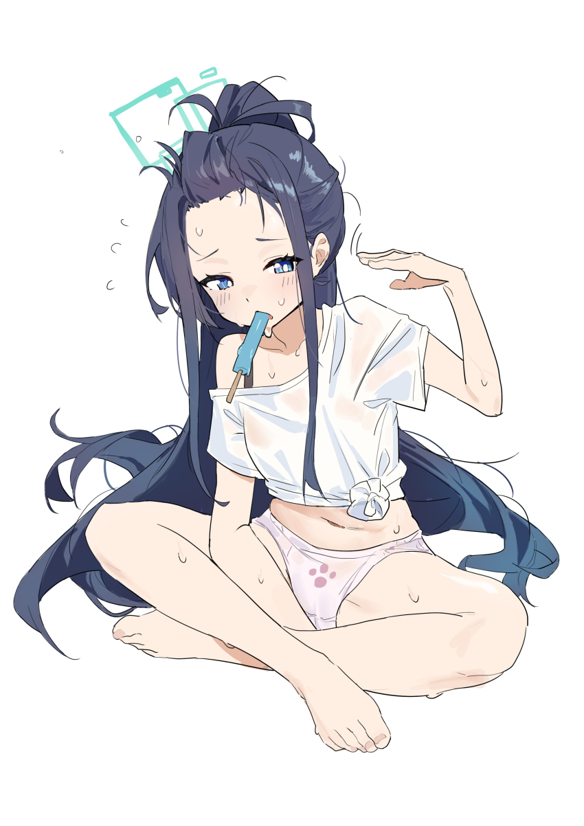 1girl absurdres alternate_costume aris_(blue_archive) barefoot black_hair blue_archive blue_eyes blush fanning_self feet flying_sweatdrops food food_in_mouth forehead full_body green_halo halo highres holding holding_food holding_popsicle hot loli long_hair mouth_hold navel no_pants panties pink_panties ponytail popsicle popsicle_in_mouth rectangular_halo shirt simple_background sitting solo suye sweat underwear very_long_hair wet wet_clothes white_background white_panties white_shirt