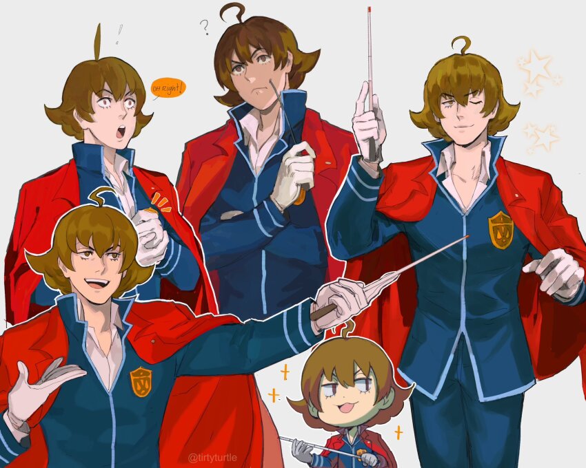 ! 1boy ? ace_attorney ace_attorney_investigations ace_attorney_investigations_2:_prosecutor&#039;s_gambit ahoge arm_up blue_jacket blue_pants brown_eyes brown_hair collared_shirt commentary emblem english_commentary english_text gloves grey_background highres holding_baton ichiyanagi_yumihiko jacket jacket_on_shoulders lapel_pin male_focus multiple_views notice_lines outstretched_arm pants red_jacket school_uniform shirt short_hair simple_background sparkle speech_bubble star_(symbol) themis_legal_academy_school_uniform tirtyturtle twitter_username white_gloves white_shirt