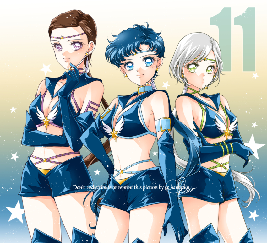 3girls bishoujo_senshi_sailor_moon bishoujo_senshi_sailor_moon_stars black_gloves black_hair blue_eyes blue_gloves blue_shorts boots brooch brown_hair choker circlet earrings elbow_gloves gloves green_eyes jewelry long_hair midriff multiple_girls navel ponytail purple_eyes sailor_collar sailor_star_fighter sailor_star_healer sailor_star_maker sarashina_kau shorts smile star_(symbol) white_hair wing_brooch