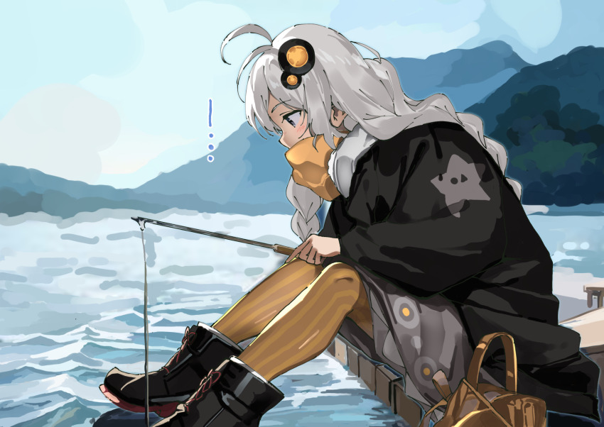 1girl ahoge black_boots black_jacket blue_sky blush boots braid brown_scarf cloud commentary_request covered_mouth day dress from_side grey_dress grey_eyes grey_hair hair_ornament highres ice ice_fishing jacket kizuna_akari knees_up lamb_(hitsujiniku) leaning_forward long_hair long_sleeves low_twintails outdoors pantyhose profile puffy_long_sleeves puffy_sleeves scarf sitting sky solo striped_clothes striped_pantyhose twin_braids twintails vertical-striped_clothes vertical-striped_pantyhose very_long_hair voiceroid