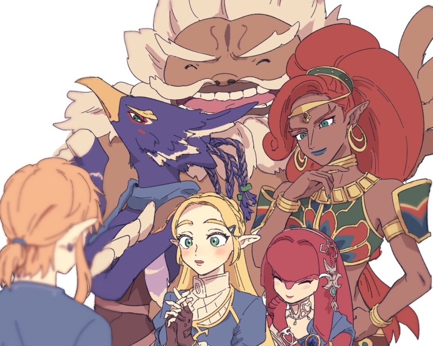 3boys 3girls armor bird_boy blue_feathers blue_lips blush braid brown_gloves closed_eyes closed_mouth commentary_request crown_braid dark-skinned_female dark_skin daruk earrings feathers fingerless_gloves fish_girl gerudo gloves goron green_eyes hair_ornament hairclip hand_on_own_chin interlocked_fingers jewelry link long_hair midriff mipha multiple_boys multiple_girls neck_ring nintendo open_mouth own_hands_together parted_lips pointy_ears ponytail princess_zelda red_hair revali rito short_ponytail shoulder_armor simple_background smile teeth the_legend_of_zelda the_legend_of_zelda:_breath_of_the_wild urbosa very_long_hair white_background yamori_(yamoooon21) zora