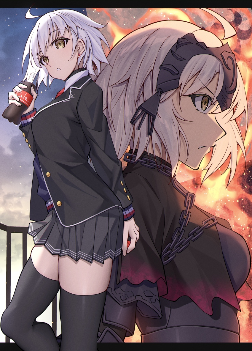 1girl absurdres ahoge armor black_armor black_capelet black_jacket black_thighhighs blue_cardigan bottle capelet cardigan chain commentary_request fate/grand_order fate_(series) fire grey_hair grey_skirt headpiece highres holding holding_bottle id_(fate/grand_order) jacket jeanne_d&#039;arc_alter_(fate) long_sleeves looking_at_viewer miniskirt necktie official_alternate_costume open_clothes open_jacket pleated_skirt profile pseudo-tokyo_school_uniform red_necktie school_uniform short_hair skirt soda_bottle thighhighs thighs toukan