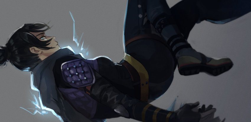1girl 2gou apex_legends black_bodysuit black_hair blue_eyes bodysuit boots electricity floating floating_hair from_side grey_background grey_scarf hair_behind_ear highres looking_at_viewer open_hand revision scarf solo wraith_(apex_legends)