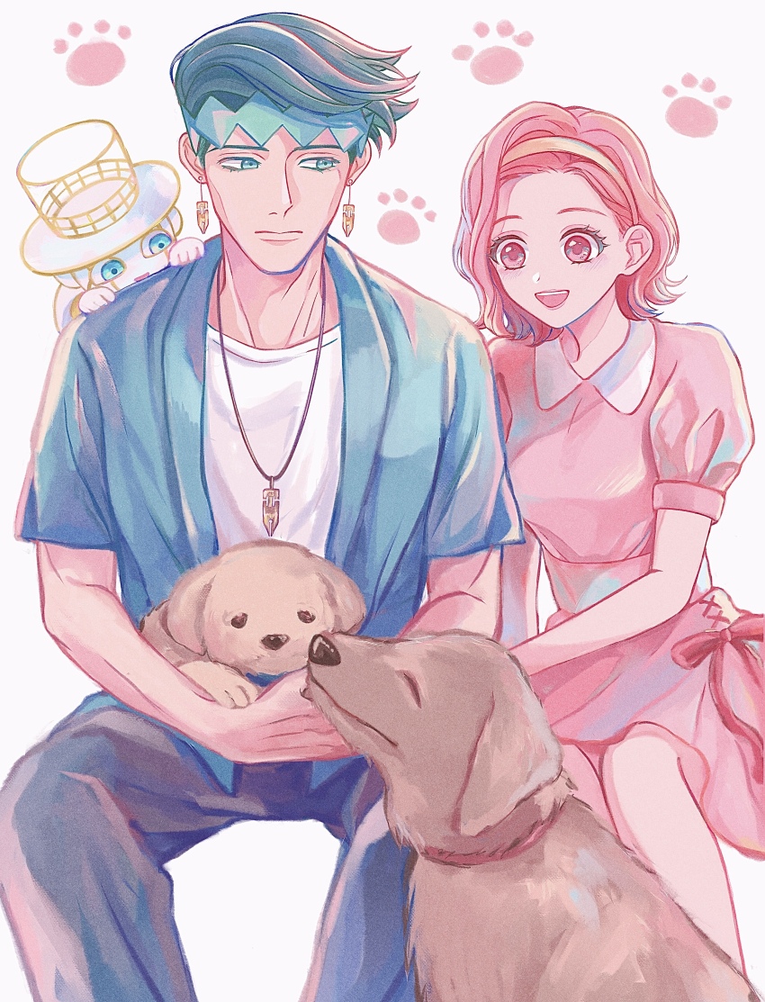 1boy 1girl :d absurdres alternate_costume arnold_(jojo) baby_animal black_pants casual closed_mouth collared_dress commentary_request diamond_wa_kudakenai dog dress earrings film_grain green_eyes green_hair green_headband green_shirt headband heaven&#039;s_door highres invisible_chair jewelry jojo_no_kimyou_na_bouken kishibe_rohan looking_at_another looking_to_the_side necklace open_clothes open_mouth open_shirt pants paw_print paw_print_background pen_nib pink_dress pink_eyes pink_hair pink_sash puffy_short_sleeves puffy_sleeves puppy remiii_888 sash shirt short_hair short_sleeves sideways_glance simple_background sitting smile sugimoto_reimi undershirt white_background white_shirt