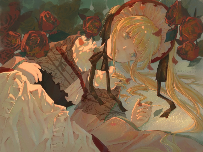 1girl blonde_hair bonnet drill_hair drill_sidelocks flower gensou_getsumen_rt highres lying on_side red_bonnet red_flower red_rose rose rozen_maiden shinku sidelocks solo twintails
