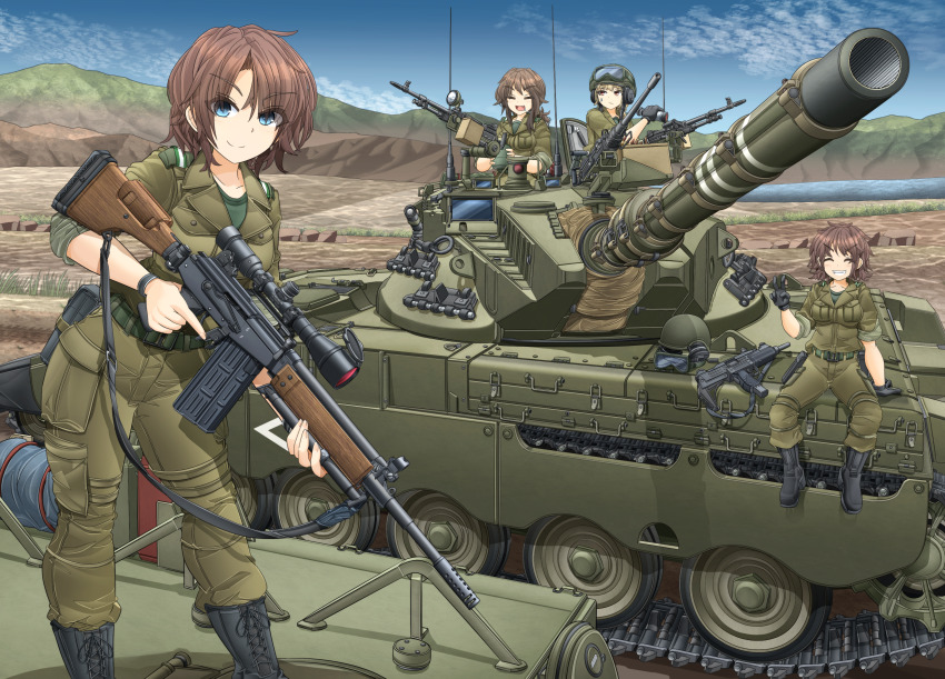 4girls =_= ^_^ absurdres ammunition_pouch assault_rifle averting_eyes black_footwear black_gloves blonde_hair blue_eyes blue_sky blush boots breasts brown_hair canteen caterpillar_tracks closed_eyes cloud collared_jacket combat_boots contrapposto cross-laced_footwear day eyes_visible_through_hair fang gloves goggles goggles_on_headwear grass green_jacket green_pants green_shirt grin gun hand_up helmet highres holding holding_canteen holding_gun holding_weapon imi_galil israel israel_defense_forces jacket looking_at_viewer looking_to_the_side low_ponytail machine_gun medium_breasts medium_hair merkava_(tank) mikeran_(mikelan) military military_combat_uniform military_fatigues military_jacket military_uniform military_vehicle monocular motor_vehicle mountain multiple_girls open_mouth original outdoors pants pants_tucked_in ponytail pouch radio_antenna red_eyes rifle round_eyewear shirt short_hair sitting sky sleeves_rolled_up smile sniper_rifle soldier standing submachine_gun sweatdrop tank tank_helmet teeth trigger_discipline unworn_goggles unworn_headwear uzi v water weapon