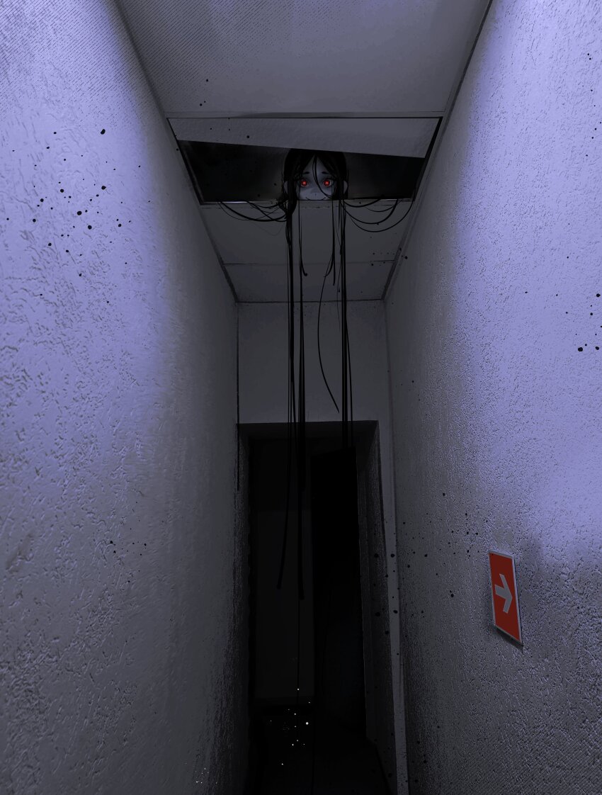 1girl absurdly_long_hair absurdres black_hair ceiling glowing glowing_eyes hallway highres hole_in_ceiling indoors kumaartsu long_hair original parted_bangs peeking_out red_eyes shaded_face smile solo tile_ceiling tiles very_long_hair