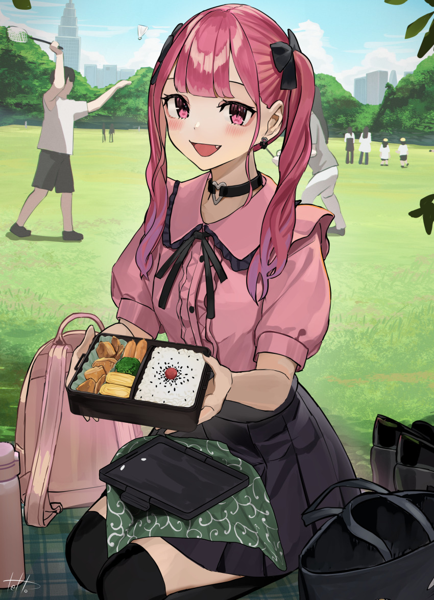 1boy 4girls :d absurdres backpack badminton bag bento black_thighhighs choker day earrings fang food heart heart_choker highres hinamizawa_hinami_(tetto) holding holding_food jewelry jirai_kei karakusa_(pattern) looking_at_viewer multiple_girls open_mouth original outdoors park picnic pink_eyes pink_hair pov puffy_short_sleeves puffy_sleeves seiza shoes short_sleeves sitting smile solo_focus tetto_(onnoveltet) thermos thighhighs twintails unworn_backpack unworn_bag unworn_shoes