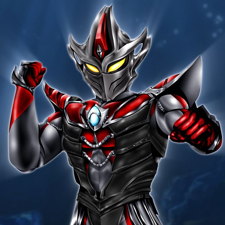 1boy alien armor black_armor breastplate clenched_hands collarbone color_timer colored_skin commentary crystal darramb dorsal_fin fighting_stance forehead_jewel gauntlets glowing glowing_eyes hands_up hanejidyna86 highres looking_down male_focus multicolored_skin muscular muscular_male no_mouth ocean pointy_ears red_armor red_skin shoulder_armor shoulder_pads silver_skin solo standing tokusatsu tsurime ultra_series ultraman_tiga:_the_final_odyssey ultraman_tiga_(series) underwater upper_body yellow_eyes