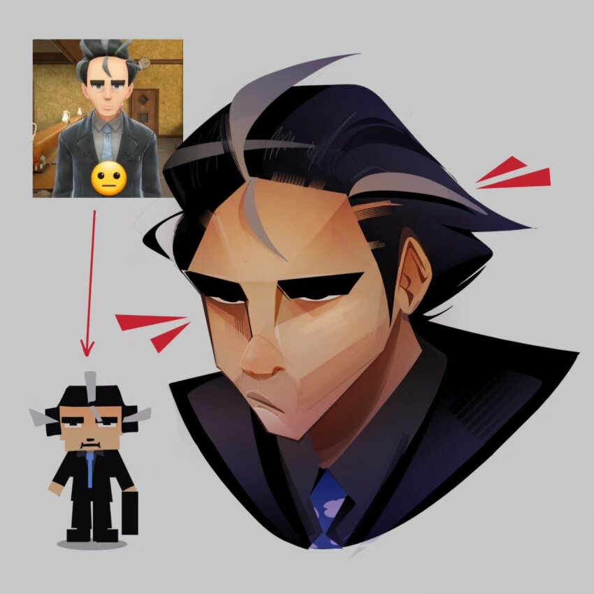 1boy arrow_(symbol) black_hair black_jacket blue_necktie chibi closed_mouth emoji grey_background half-closed_eyes highres jacket larry_(pokemon) male_focus multicolored_hair multiple_views necktie nintendo pokemon pokemon_sv reference_inset shirt short_hair streaked_hair tamii_(tampokedex) thick_eyebrows