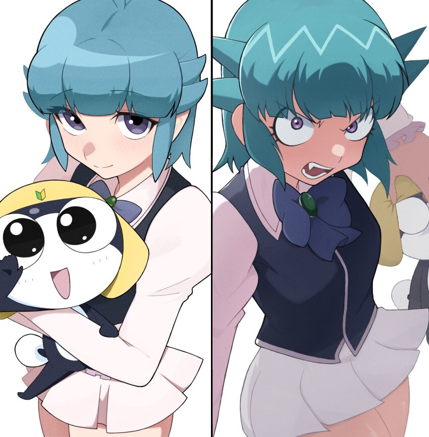 1boy 1girl angry black_hair black_skin blue_bow blue_hair bow breasts colored_skin fang frog_boy grabbing_another&#039;s_head hat highres hug jewelry keroro_gunsou kohiru_atsuku looking_at_viewer multiple_views nishizawa_momoka open_mouth pendant purple_eyes school_uniform short_hair shoshinsha_mark skirt smile spiked_hair tadpole_tail tamama white_background white_skirt