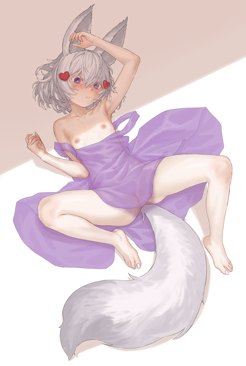 1girl agemmata animal_ears arm_up armpits barefoot blush clothes_pull commentary covered_navel covered_pussy dress dress_pull english_commentary fingernails flat_chest fox_ears fox_girl fox_tail grey_hair hair_ornament heart heart_hair_ornament highres lying nipples on_back parted_lips phase_connect purple_dress purple_eyes see-through_clothes see-through_dress sharp_fingernails short_hair solo spread_legs strap_slip tail tenma_maemi virtual_youtuber
