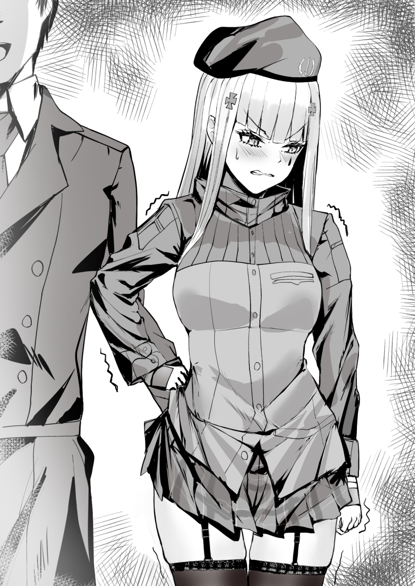 1boy 1girl arm_behind_back beret blush breasts clenched_hand clenched_teeth clothes_lift commander_(girls&#039;_frontline) disgust facial_mark garter_straps girls&#039;_frontline greyscale griffin_&amp;_kryuger_military_uniform hat highres hk416_(girls&#039;_frontline) implied_ass_grab jacket large_breasts long_hair looking_to_the_side monochrome pleated_skirt pooor skirt skirt_lift teardrop teardrop_facial_mark teeth thighhighs trembling