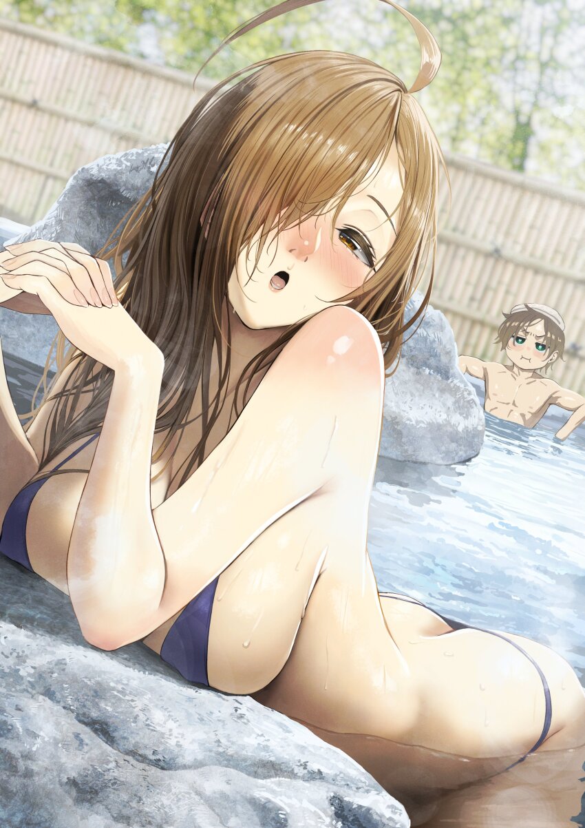 1boy 1girl :o absurdres ahoge ass bamboo_fence bikini blue_bikini blush breasts brown_hair commentary covered_erect_nipples english_commentary fence hair_over_one_eye highres huge_ahoge izawa_(bhive003) kono_subarashii_sekai_ni_shukufuku_wo! large_breasts long_hair mixed-sex_bathing onsen open_mouth outdoors paid_reward_available partially_submerged satou_kazuma second-party_source shared_bathing solo_focus steam swimsuit tongue towel towel_on_head variant_set water wet wiz_(konosuba)