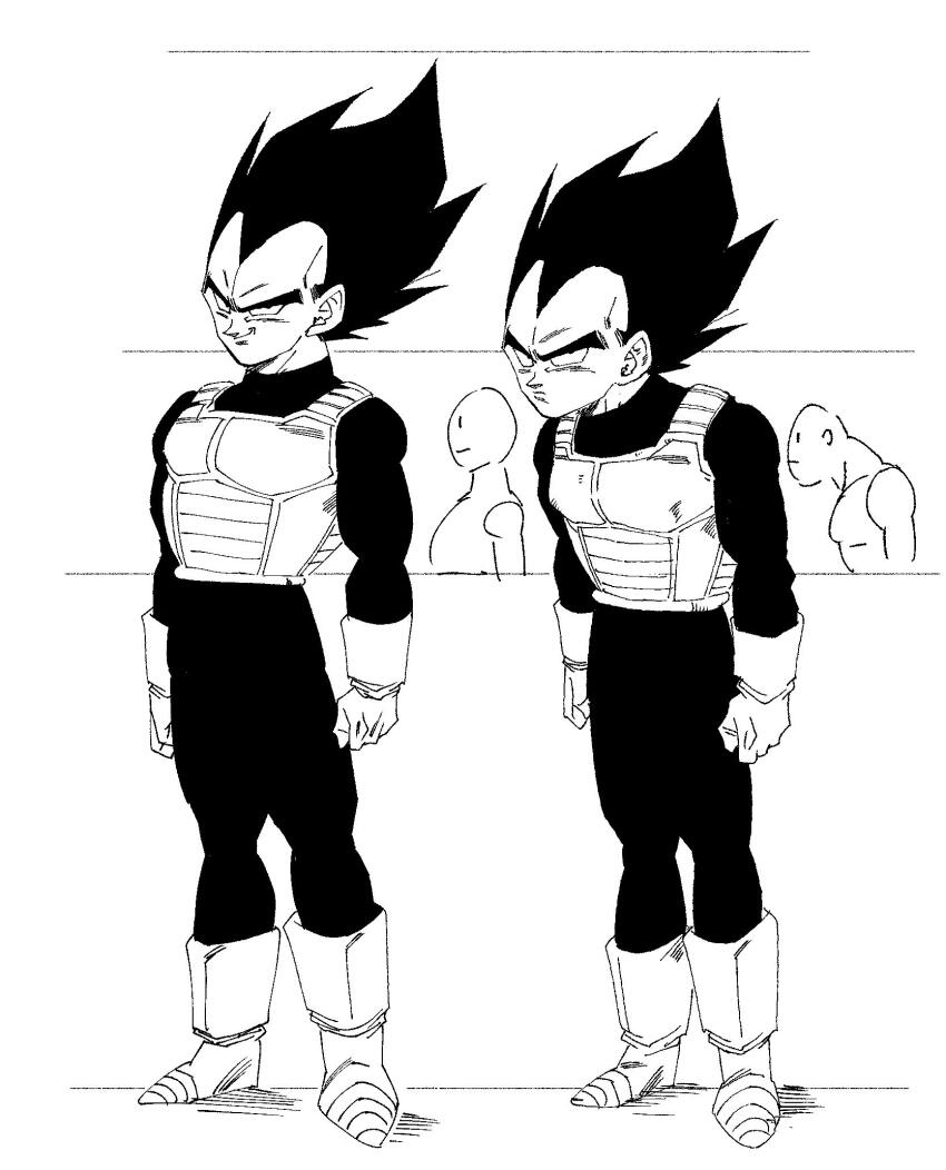 1boy bodysuit boots dragon_ball dragonball_z fenyon gloves highres looking_at_viewer male_focus medium_hair monochrome multiple_views saiyan_armor smirk spiked_hair vegeta