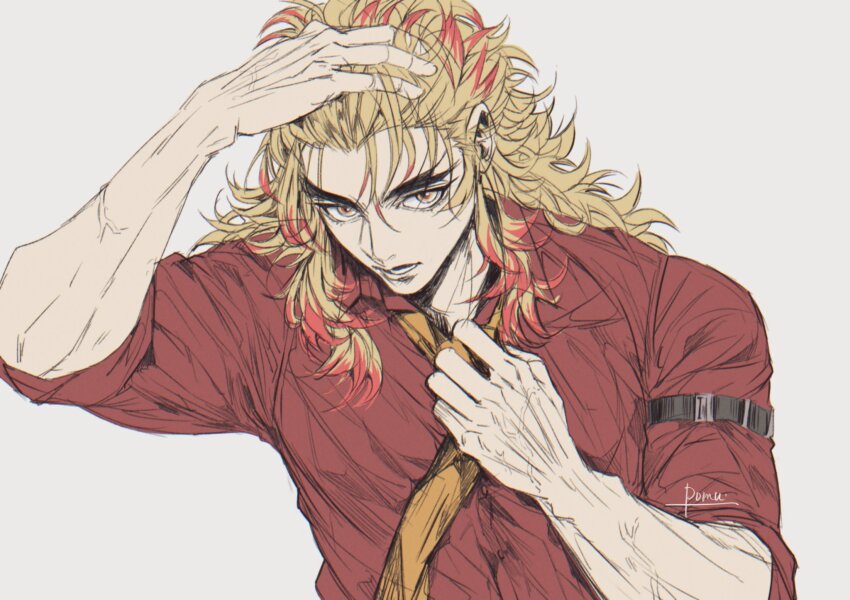 1boy adjusting_clothes adjusting_necktie arm_belt artist_name blonde_hair collared_shirt colored_tips forked_eyebrows grey_background hand_in_own_hair highres kimetsu_no_yaiba looking_at_viewer male_focus multicolored_hair necktie orange_necktie parted_lips red_hair red_shirt rengoku_kyoujurou renptuii05 shirt sleeves_rolled_up solo upper_body veins veiny_arms yellow_eyes