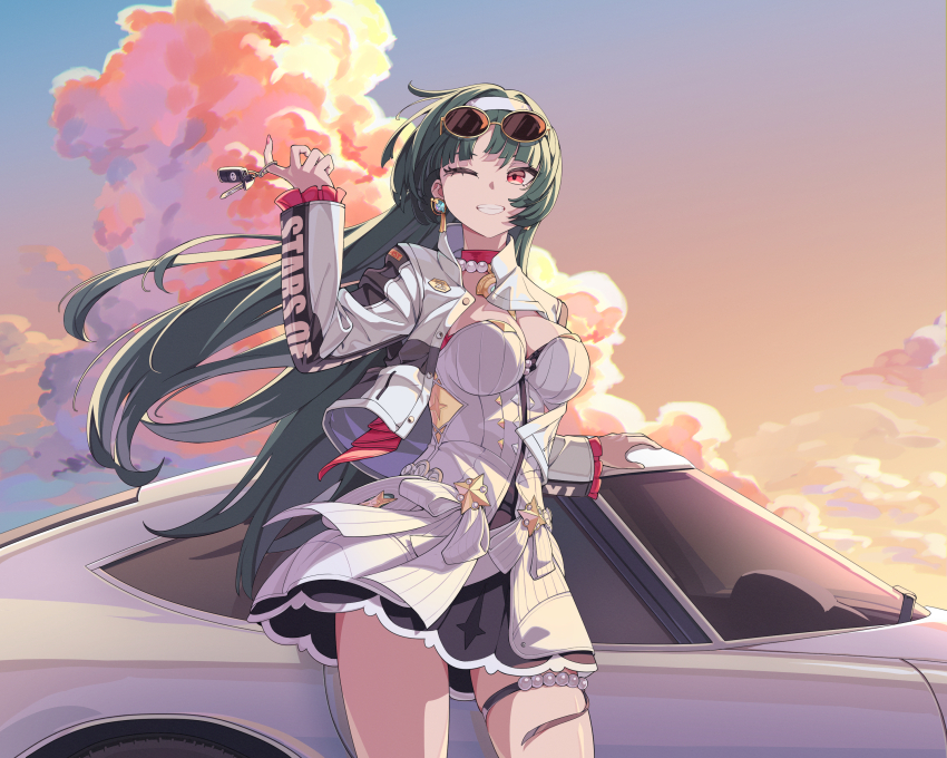 1girl absurdres astra_yao breasts car choker cleavage cloud cumulonimbus_cloud dress eyewear_on_head glasses green_hair highres jacket key long_hair medium_breasts motor_vehicle one_eye_closed police_riot_(artist) red_eyes skirt sky smile thigh_strap thighhighs very_long_hair zenless_zone_zero zettai_ryouiki
