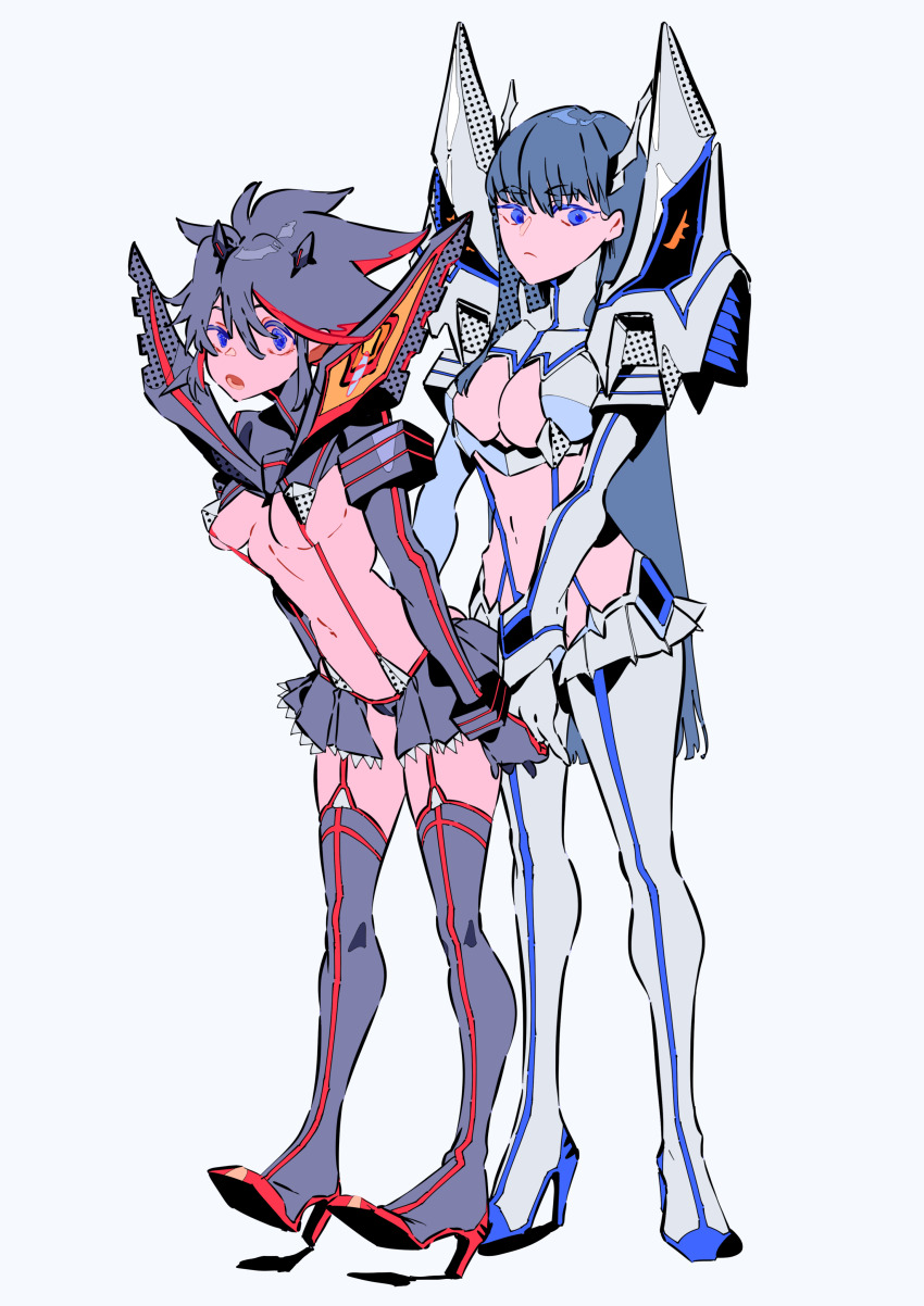 2girls absurdres blue_eyes boots commentary high_heel_boots high_heels highres junketsu kamui_(kill_la_kill) kill_la_kill kiryuuin_satsuki life_fiber living_clothes long_hair matoi_ryuuko matumot multicolored_hair multiple_girls revealing_clothes screentones senketsu short_hair simple_background streaked_hair suspenders two-tone_hair