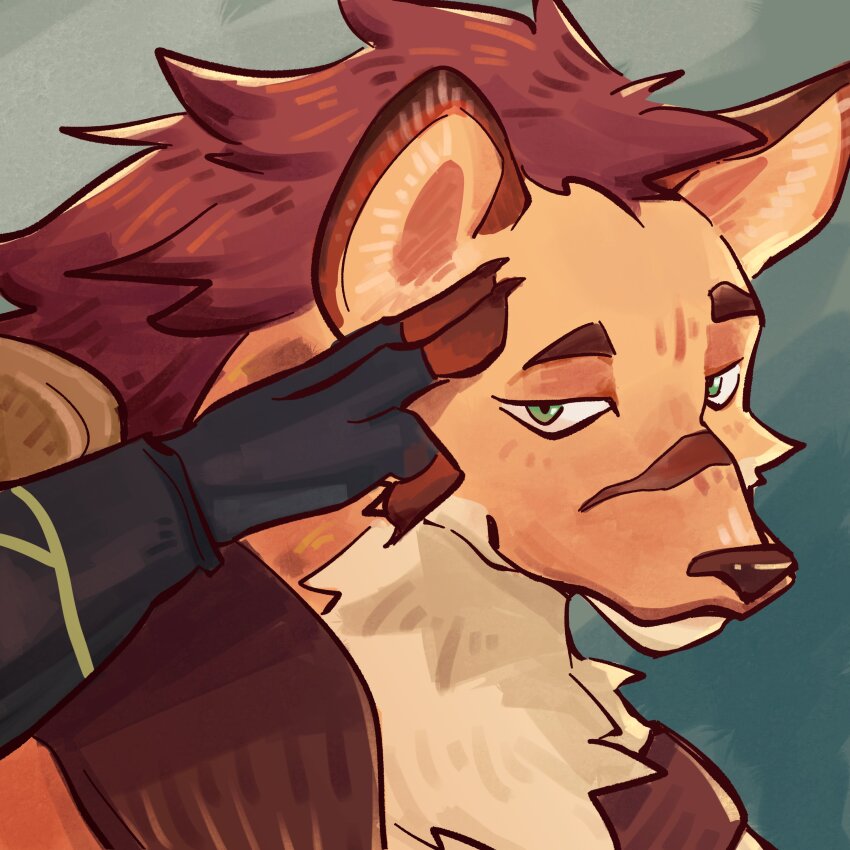 1boy absurdres afk_(series) afk_journey armor brown_fur commentary english_commentary fingerless_gloves furry furry_male gloves green_eyes highres hyaku_inu hyena_boy hyena_ears looking_at_viewer male_focus mane odie_(afk) pauldrons salute scar scar_on_face scar_on_nose shoulder_armor single_pauldron smile two-finger_salute upper_body