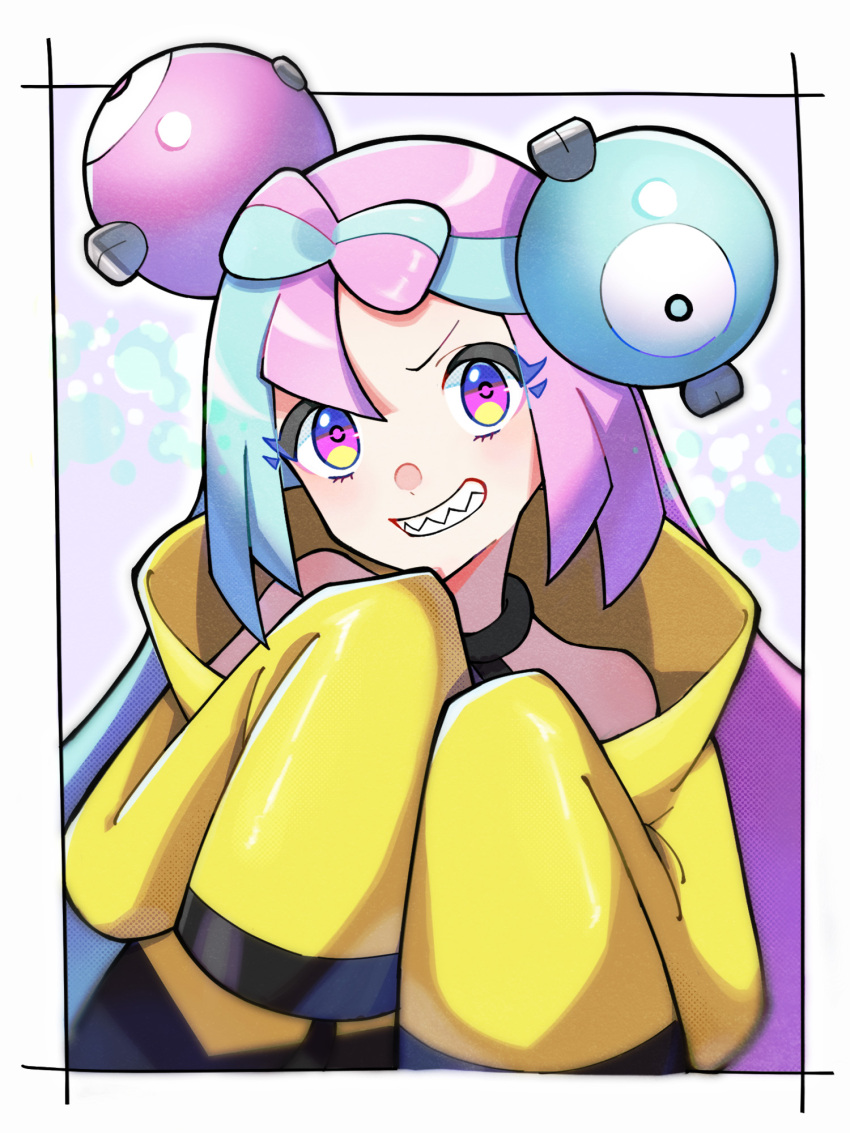 1girl border character_hair_ornament commentary_request eyelashes green_hair grin hair_ornament hands_up head_tilt highres iono_(pokemon) jacket long_hair long_sleeves multicolored_hair nintendo nori_(hgdm2784) pink_hair pokemon pokemon_sv purple_eyes sharp_teeth sleeves_past_fingers sleeves_past_wrists smile solo teeth two-tone_hair upper_body white_border yellow_jacket