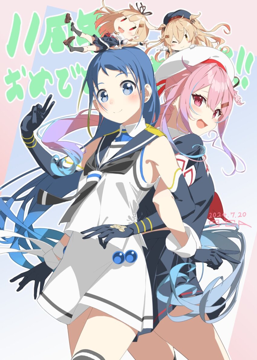 4girls 9-ga anniversary back-to-back black_gloves black_neckerchief black_sailor_collar black_serafuku black_shirt black_skirt blue_eyes blue_hair chibi elbow_gloves gloves harusame_(kancolle) harusame_kai_ni_(kancolle) hat highres kantai_collection locked_arms long_hair mini_person minigirl multicolored_hair multiple_girls murasame_(kancolle) murasame_kai_ni_(kancolle) neckerchief pink_hair pleated_skirt red_eyes red_neckerchief sailor_collar sailor_hat sailor_shirt samidare_(kancolle) school_uniform serafuku shirt skirt sleeveless sleeveless_shirt smile streaked_hair v white_hat white_sailor_collar white_shirt white_skirt yuudachi_(kancolle) yuudachi_kai_ni_(kancolle)