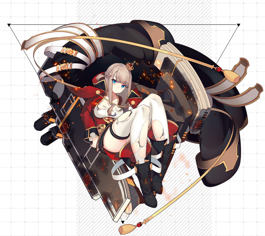 1girl blue_eyes boots braid breasts crown female_focus graphite_(medium) hair_ornament hairclip highres impero_(warship_girls_r) jacket large_breasts long_sleeves machinery military_jacket mini_crown panties pantyshot platinum_blonde_hair rain_lan red_jacket side_braid solo thighhighs torn_clothes torn_thighhighs traditional_media underwear warship_girls_r white_panties white_thighhighs