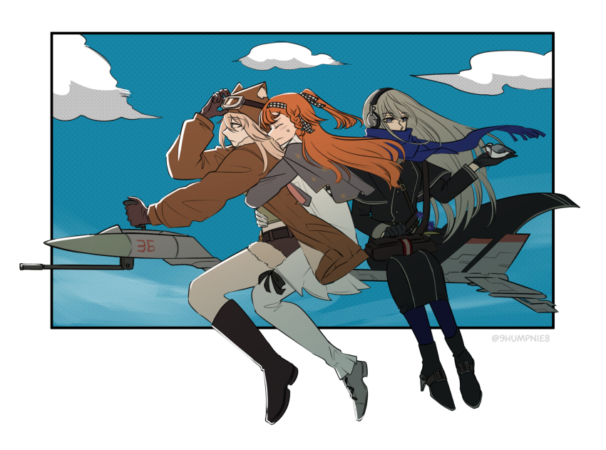 3girls adjusting_eyewear animal_ear_headwear animal_ears ankle_boots arms_around_waist aviator_cap bird bird_on_hand bkornblume black_dress black_footwear black_gloves blonde_hair blue_pantyhose blue_scarf blue_sky boots border broom broom_riding brown_gloves brown_hat brown_jacket brown_shorts checkered_hairband closed_eyes cloud coat_dress covered_mouth day dress fake_animal_ears floating_hair from_side full_body fur-trimmed_shorts fur_trim gloves goggles goggles_on_headwear grey_cloak grey_footwear grey_hair hairband hand_on_eyewear hand_up hat headphones high_heels highres hug hug_from_behind humpnie jacket knee_boots lilya_(reverse:1999) long_hair long_sleeves looking_ahead looking_at_animal mechanical_broom multiple_girls orange_hair outside_border pants pants_under_dress pantyhose profile reverse:1999 scarf scarf_over_mouth short_dress short_shorts shorts sidesaddle sky sonetto_(reverse:1999) sweat twitter_username two_side_up very_long_hair white_border white_dress