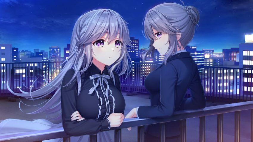 2girls alpha_(yukai_na_nakamatachi) black_shirt blue_jacket braid braided_bun breasts closed_mouth collared_shirt dress_shirt floating_hair game_cg grey_ribbon grey_skirt hair_between_eyes hair_bun jacket large_breasts leaning_forward light_smile long_hair long_skirt long_sleeves multiple_girls neck_ribbon night outdoors pink_eyes ribbon rooftop shirt siblings sidelocks sisters skirt sousaku_kanojo_no_renai_koushiki very_long_hair white_hair wing_collar yukisaki_erena yukisaki_erika