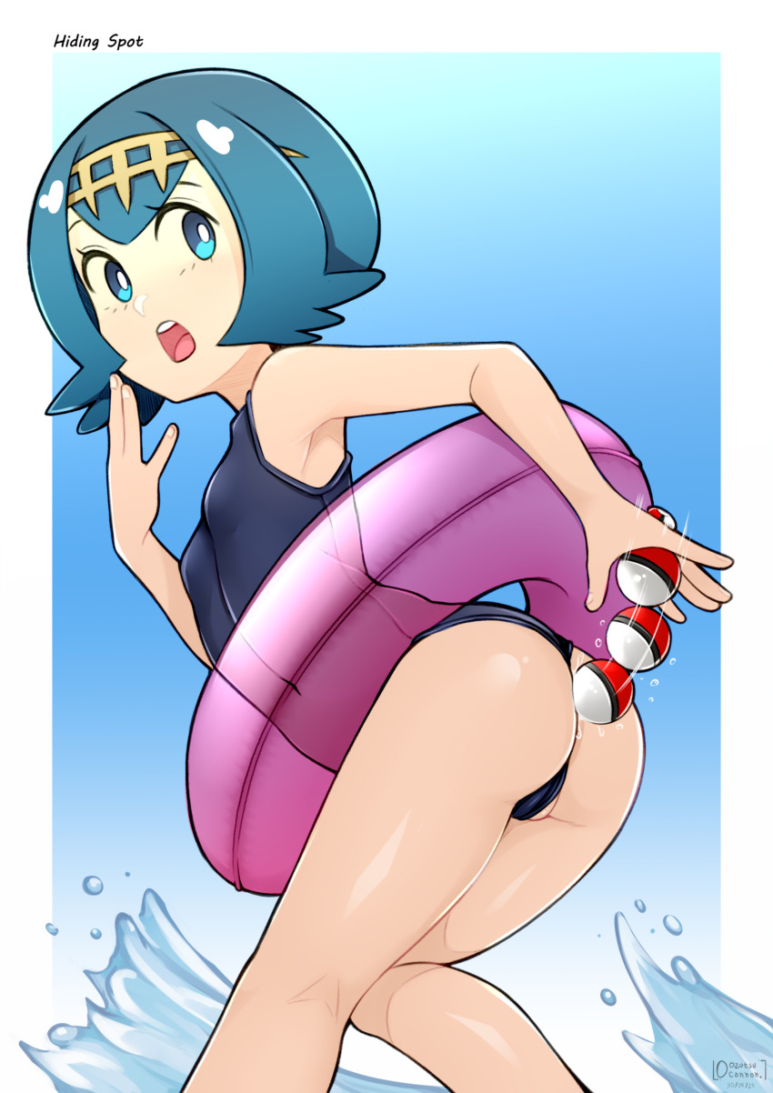 1girl :o absurdres anal anal_beads anal_object_insertion ass black_one-piece_swimsuit blue_eyes blue_hair bright_pupils commentary dildo female_masturbation hairband hand_up highres holding holding_sex_toy innertube knees_together_feet_apart lana_(pokemon) looking_back masturbation motion_lines nintendo no_sclera object_insertion one-piece_swimsuit oozutsucannon open_mouth pokemon pokemon_sm pulling purple_innertube sex_toy short_hair solo swim_ring swimsuit teeth tongue upper_teeth_only water water_drop white_pupils yellow_hairband