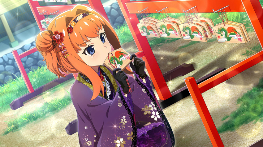 1girl black_gloves blue_eyes covered_mouth dutch_angle ema floral_print floral_print_kimono flower frilled_kimono frills game_cg gloves hair_bun hair_flower hair_intakes hair_ornament hair_up hairband highres higurashi_no_naku_koro_ni higurashi_no_naku_koro_ni_mei holding_ema houtani_nao japanese_clothes kimono lens_flare light_rays long_hair looking_at_object new_year non-web_source official_alternate_hairstyle official_art orange_hair outdoors print_kimono purple_kimono shrine single_hair_bun solo sparkle sunbeam sunlight three_quarter_view wide_sleeves