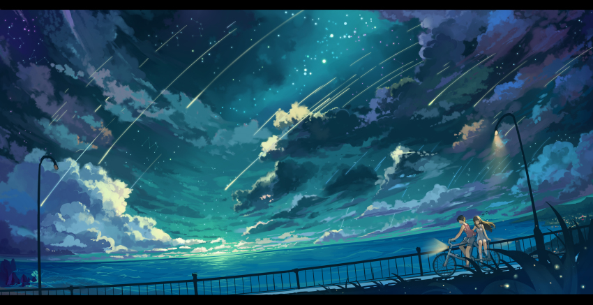1boy 1girl absurdres arm_around_waist baisi_shaonian beamed_quavers bicycle black_hair blue_theme blunt_bangs brown_hair bug city city_lights closed_eyes cloud constellation dress dutch_angle fireflies firefly floating_hair grass highres hill horizon insect lamppost letterboxed light long_hair meteor multiple_riders musical_note night night_sky ocean original outdoors plant railing riding scenery shirt shooting_star short_dress shorts sidesaddle sky sleeveless sleeveless_dress sleeveless_shirt socks sundress twilight waves white_dress white_legwear