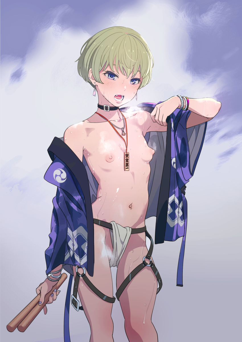 1girl absurdres belt breasts choker cloud cloudy_sky cowboy_shot drumsticks ear_piercing earrings fang fundoshi green_hair highres japanese_clothes jewelry mebae open_mouth original piercing puffy_nipples purple_eyes short_hair sky small_breasts solo steaming_body topless_female