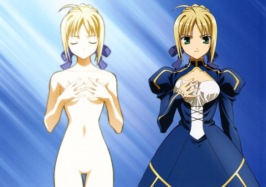 1girl ahoge artoria_pendragon_(fate) blonde_hair blue_bow blue_dress blue_ribbon bow braid breasts closed_eyes closed_mouth collarbone completely_nude convenient_censoring dot_nose dress fate/stay_night fate_(series) female_focus green_eyes hair_bow hair_bun hair_ribbon hand_on_own_chest high_heels highres long_skirt long_sleeves looking_at_viewer medium_hair midriff navel no_bra nude puffy_sleeves ribbon saber_(fate) scan sexually_suggestive single_hair_bun skirt small_breasts solo solo_focus stomach studio_deen textless_version type-moon