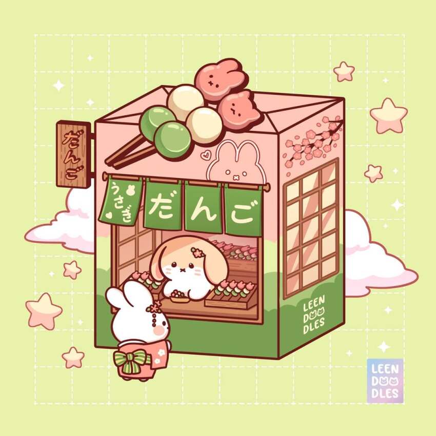 animal animal_focus artist_name back_bow black_eyes blush_stickers bow clothed_animal cloud commentary dango english_commentary face-to-face floral_print flower food from_behind green_background green_bow green_sash grid_background hair_flower hair_ornament hairclip japanese_clothes kimono leendoodles no_humans obi original pink_flower pink_kimono rabbit sanshoku_dango sash shop sign solid_circle_eyes sparkle star_(symbol) striped_bow striped_sash wagashi watermark wide_sleeves yukata