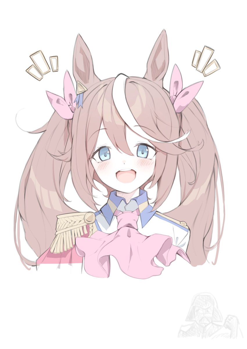 1girl absurdres alternate_hairstyle animal_ears ascot blue_eyes bow brown_hair epaulettes hair_between_eyes highres horse_ears horse_girl looking_at_viewer medium_hair multicolored_hair open_mouth pink_ascot pink_bow simple_background single_epaulette smile solo streaked_hair teeth tokai_teio_(umamusume) tsujiya_okuyasu two_side_up umamusume upper_teeth_only white_background