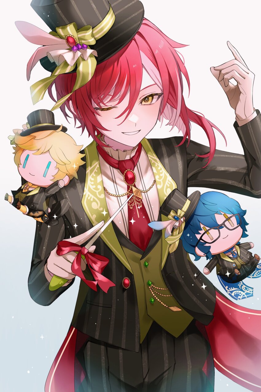 1boy ;d aoba_tsumugi arm_up asymmetrical_hair bishounen black_hat blazer buttons character_doll colored_inner_hair conductor_baton cowboy_shot diamond_button doll ensemble_stars! gem gloves gradient_background green_ribbon green_vest grey_background hand_up harukawa_sora hat hat_ribbon highres holding holding_baton jacket lapels light_smile male_focus medium_hair mini_hat multicolored_hair necktie one_eye_closed open_mouth pants pinstripe_jacket pinstripe_pants pinstripe_pattern pudding_15 red_brooch red_gemstone red_hair red_necktie ribbon sakasaki_natsume sidelocks single_sidelock smile standing star_(symbol) star_in_eye streaked_hair striped_ribbon symbol_in_eye teeth top_hat tsurime two-tone_background vest white_background white_gloves yellow_eyes