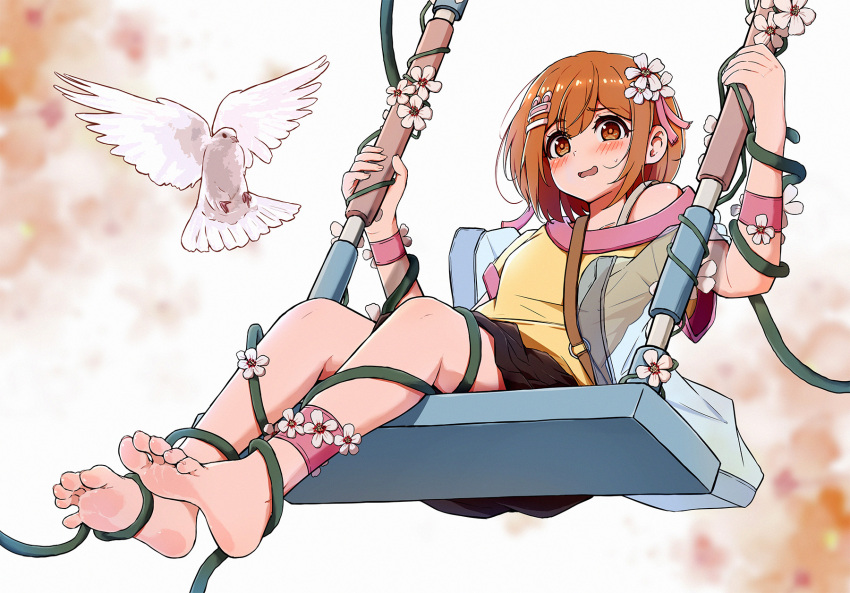 1girl barefoot bird blush dove feet flower hair_flower hair_ornament highres looking_at_viewer medium_hair on_swing open_mouth original plant qiufengxiaose restrained soles sweatdrop swing swinging swinging_on_swing toes vines