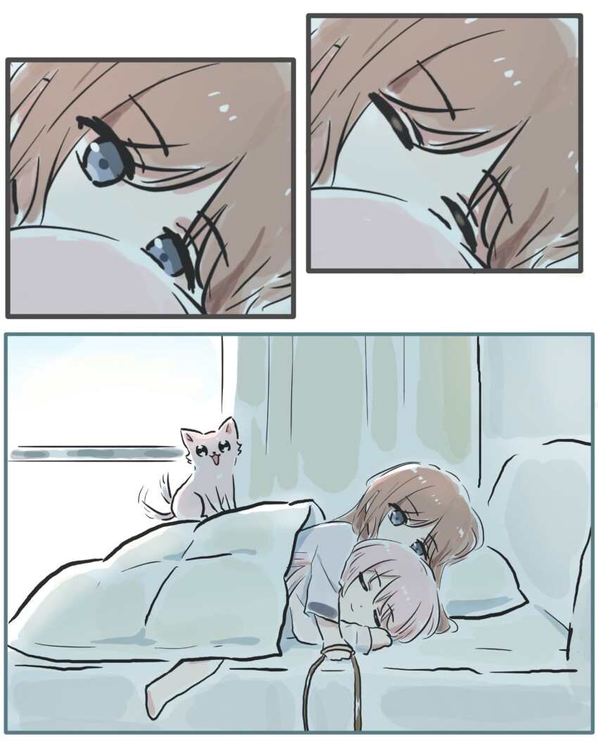 2girls bang_dream! bang_dream!_it&#039;s_mygo!!!!! brown_hair chihaya_anon closed_mouth commentary_request dog highres hug leash long_hair lyy multiple_girls nagasaki_soyo pink_hair sidelocks sleeping under_covers yuri