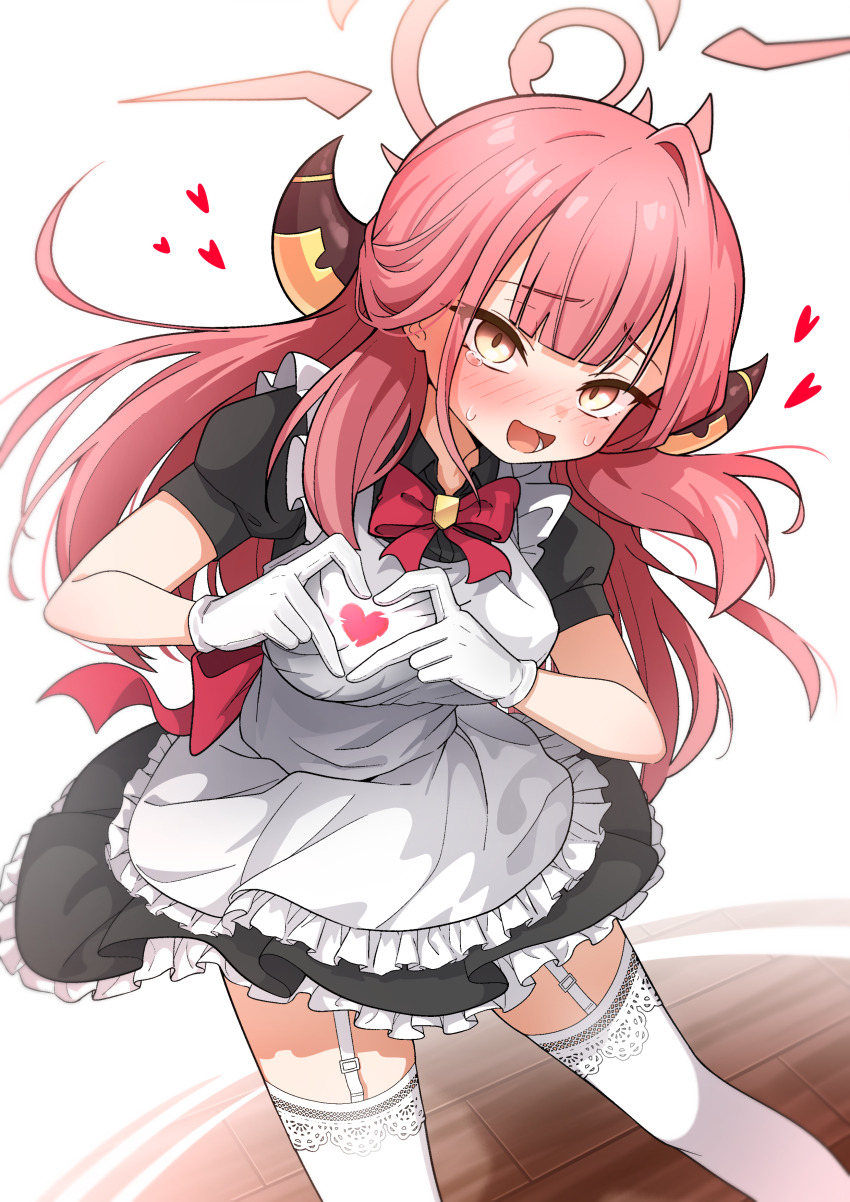 1girl four-finger_heart_hands absurdres alternate_costume apron aru_(blue_archive) black_dress blue_archive blush bow bowtie commentary_request demon_horns dress enmaided frilled_apron frilled_dress frills garter_straps gloves golmonggu halo heart heart_hands highres horns long_hair looking_at_viewer maid maid_apron open_mouth pink_hair pink_halo puffy_short_sleeves puffy_sleeves red_bow red_bowtie short_sleeves simple_background solo sweatdrop thighhighs white_background white_garter_straps white_gloves white_thighhighs